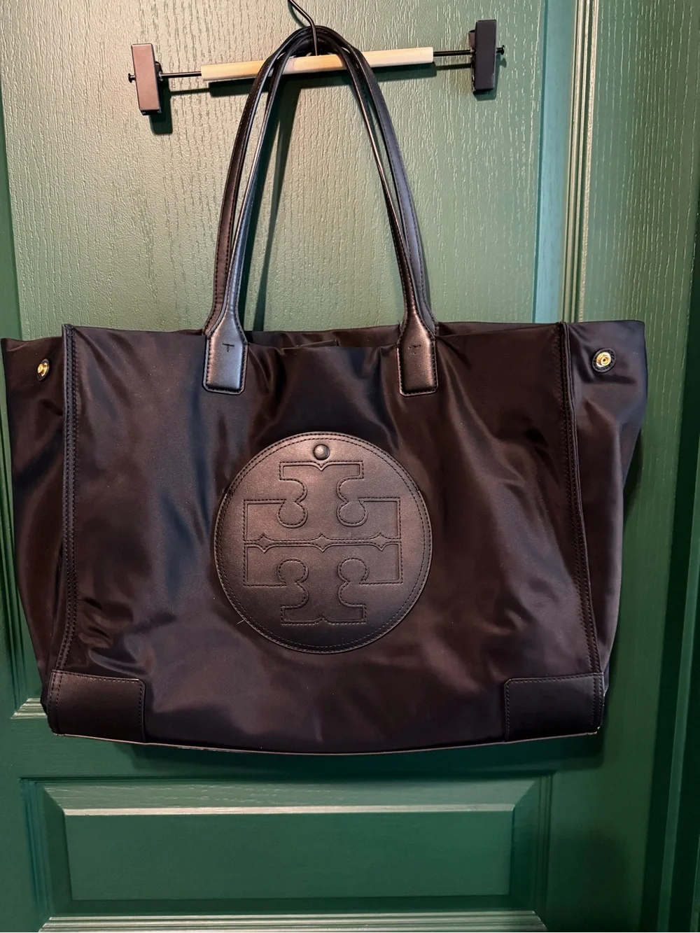 Tory Burch Black Large Nylon Logo Tote with Leather Trim